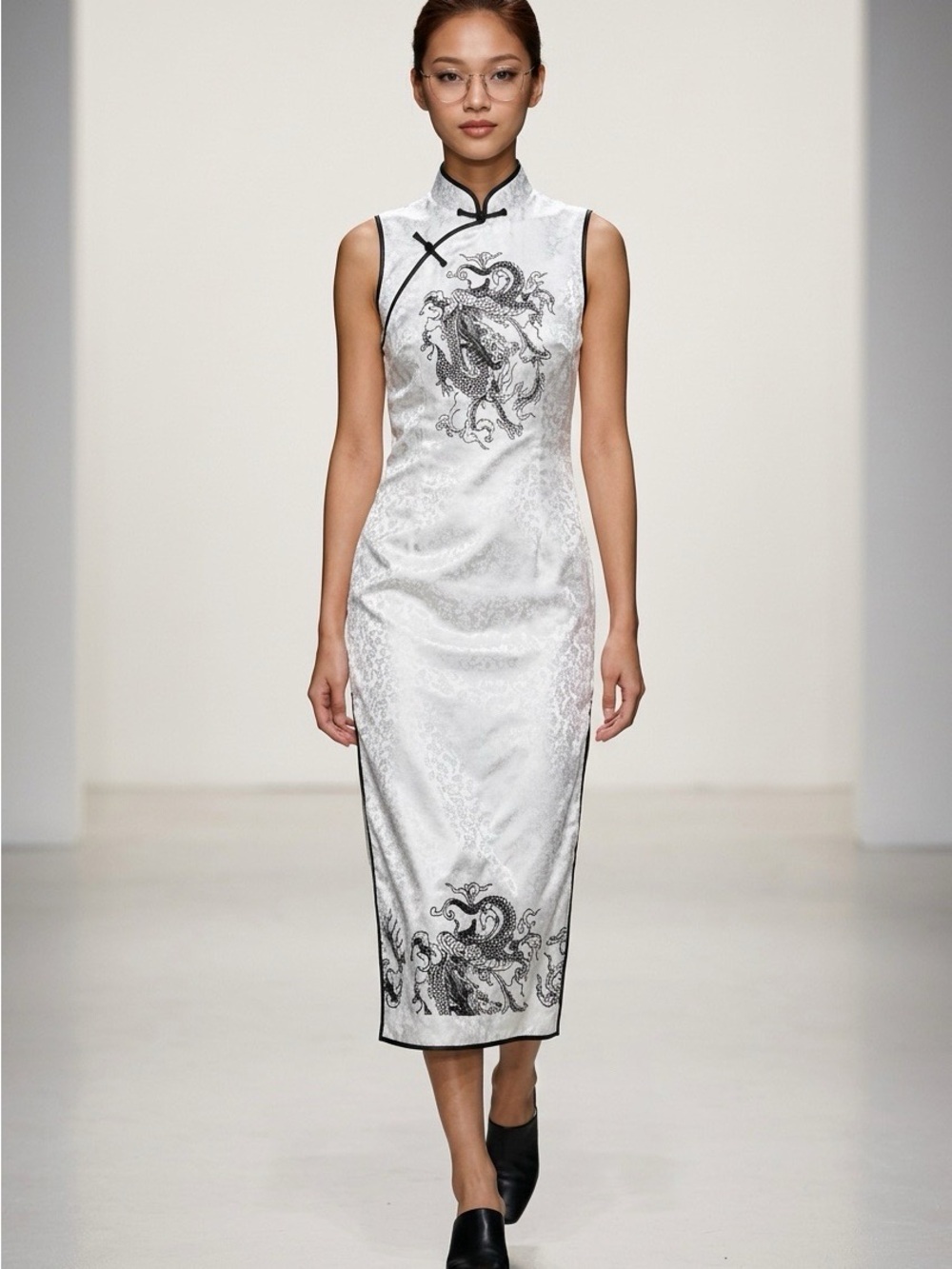 2191 - Silver Dragon Brocade Cheongsam Qipao Dress | Mandarin Collar Sleeveless